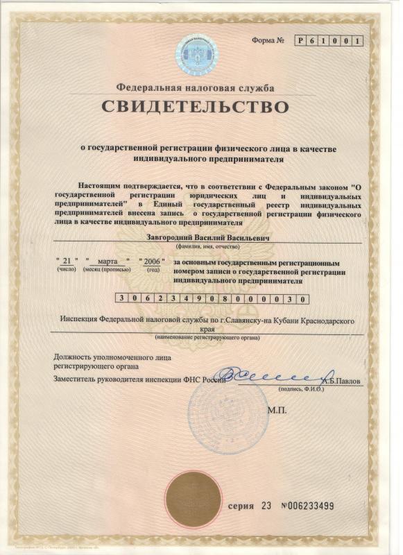 Свидетельство о регистрации ИП